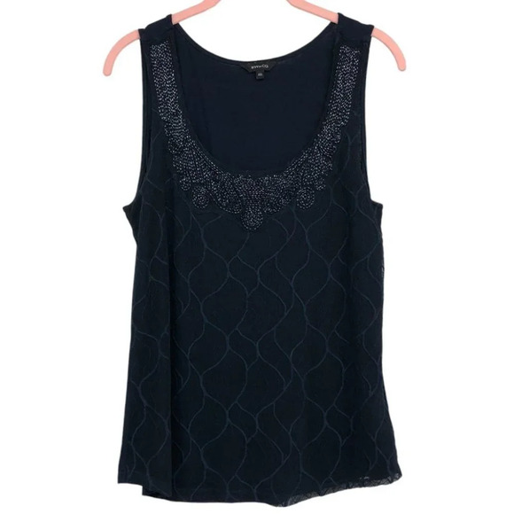 RW&Co Navy Sleeveless Beaded Mesh Detail Tank Top size M - Picture 1 of 15